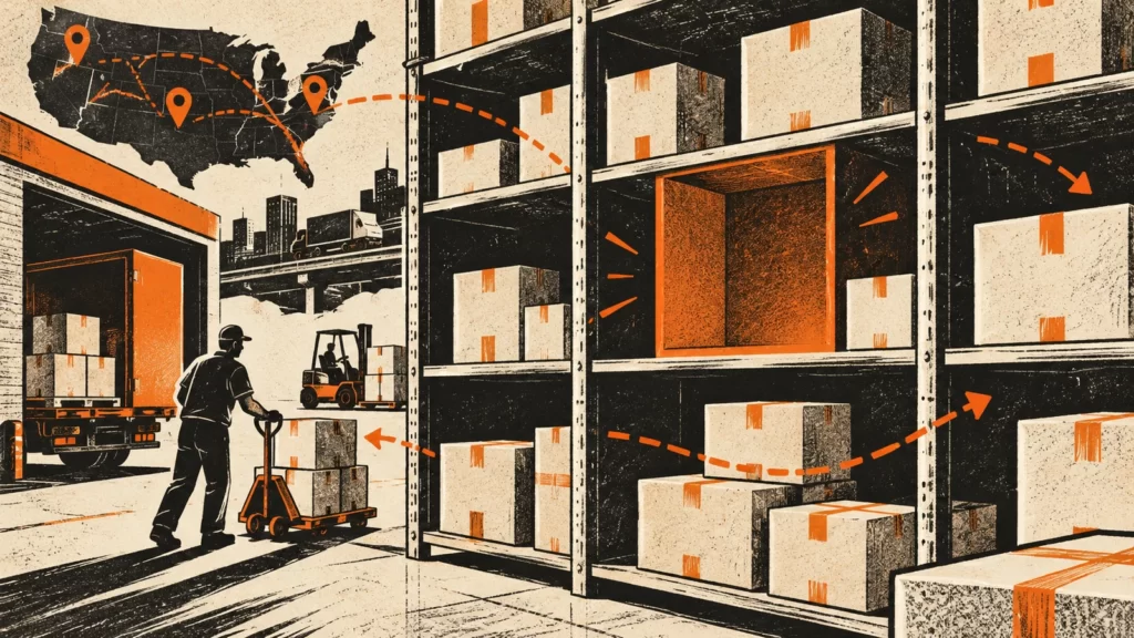 Cream, orange and charcoal woodcut illustration of shipping shelves with blank cartons, an empty cubby, stylized routes and fictional warehouse activity.