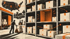 Cream, orange and charcoal woodcut illustration of shipping shelves with blank cartons, an empty cubby, stylized routes and fictional warehouse activity.
