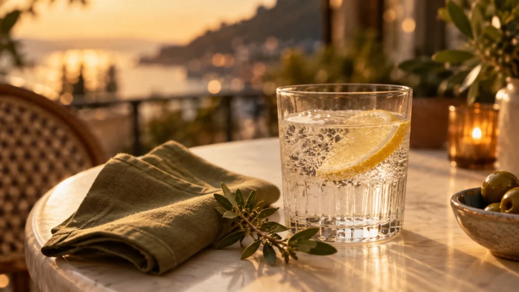 Illustrative sparkling lemon-water glass on a pale table beside olive-green linen and a small olive branch, with an amber waterfront background.