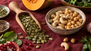 Pumpkin seeds in a wooden scoop beside cashews and chickpeas on burgundy linen, with leafy greens and fruit around the edges.
