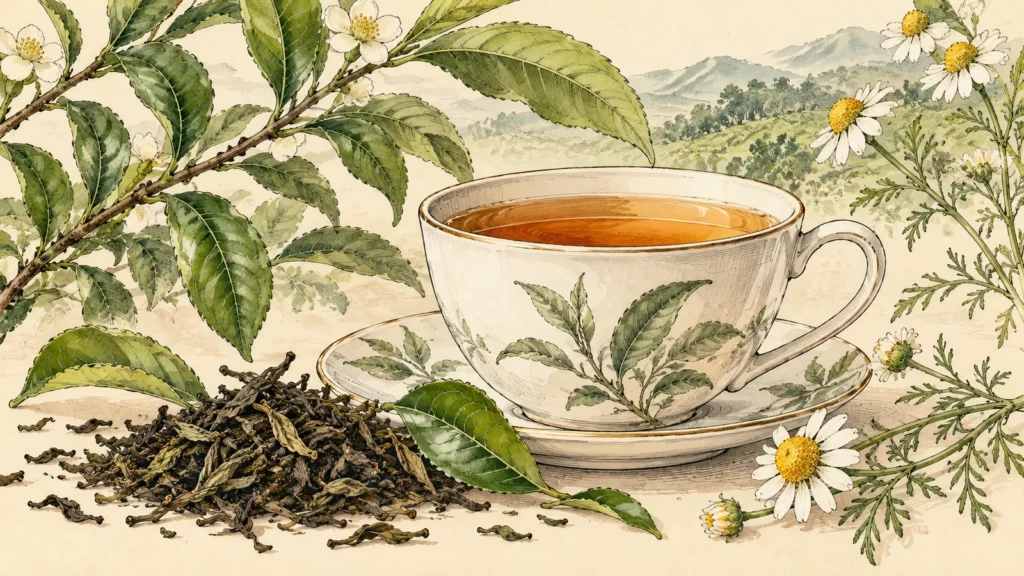 Botanical ink-and-watercolor illustration of a patterned teacup with leaves and chamomile flowers.