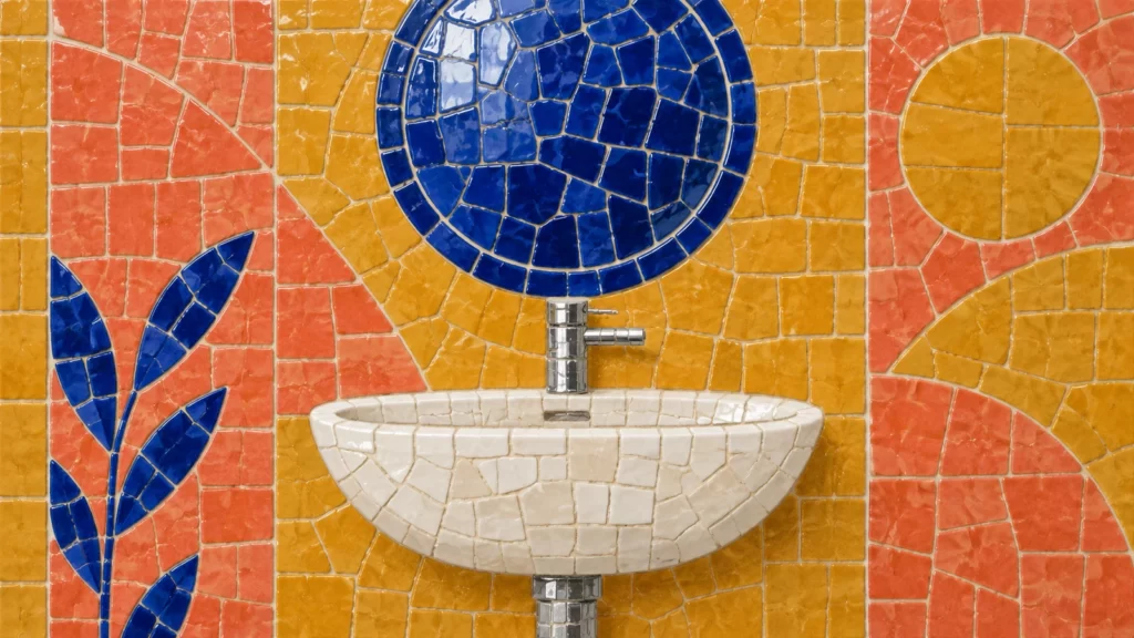 Ochre, coral and cobalt ceramic-mosaic depiction of a washbasin, faucet and circular mirror.