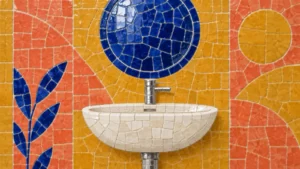 Ochre, coral and cobalt ceramic-mosaic depiction of a washbasin, faucet and circular mirror.