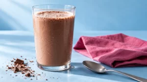 A generic chocolate-colored drink in a clear glass with a pink cloth and blue background; no branded bottle.