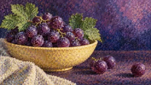 Pointillist-style painting of purple grapes in a yellow bowl with green leaves and a plum background.