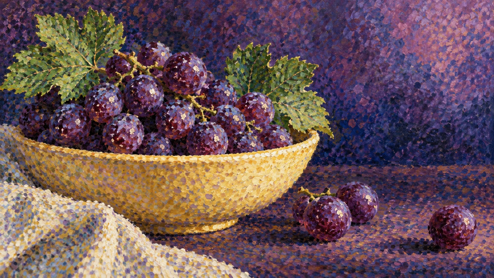 Purple and gold painting of grapes in a bowl.