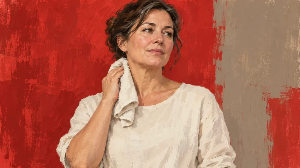 Acrylic illustration of a fictional adult woman holding a towel against her neck on a scarlet and cream background.