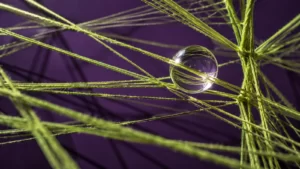 Violet and lime fiber-art composition of intersecting threads with a clear bead; a conceptual image, not a molecular model.