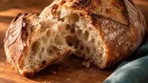 Macro editorial image of a rustic bread loaf and cut surface on a wooden board with a teal cloth.