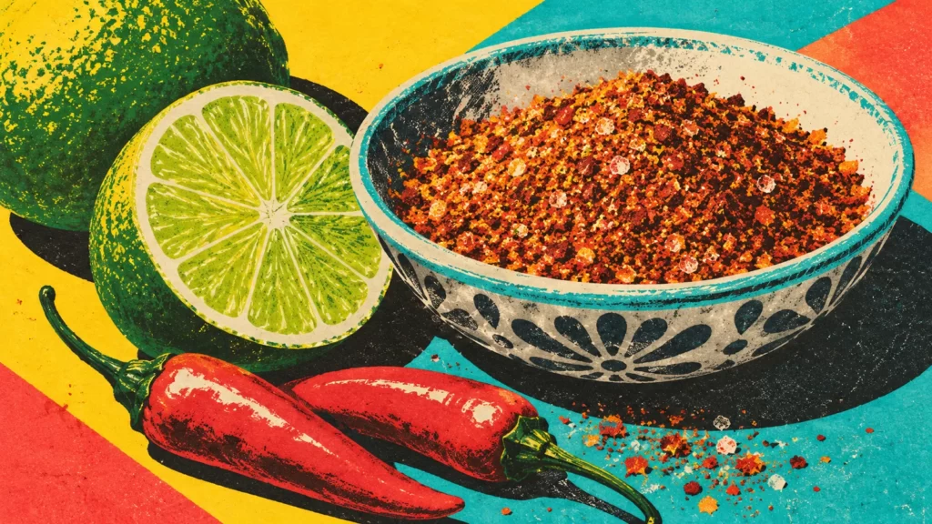 Yellow, turquoise, coral and charcoal screenprint of chili-lime seasoning in a ceramic bowl with lime and red chili peppers.