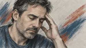 Charcoal-and-pastel portrait of a fictional adult man with a hand at his temple in denim blue and rust colors.