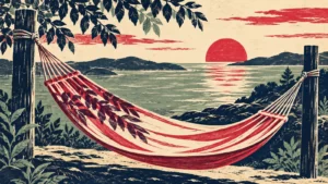 Cerise, navy and cream linocut illustration of a hammock among plants.