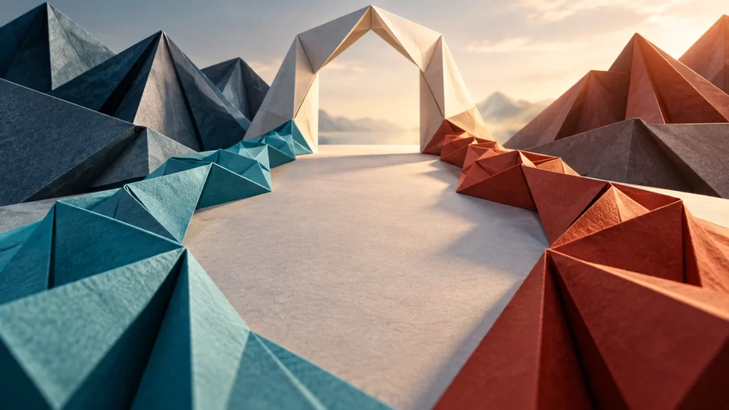 Cyan, brick and ivory origami paths through a paper arch.