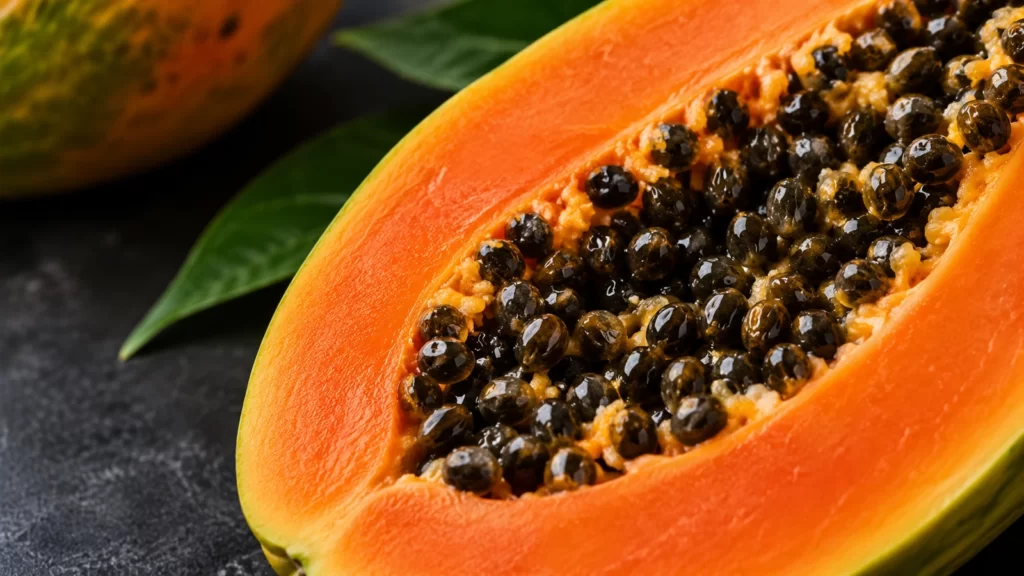 Close-up of cut orange papaya with black seeds and a lime-green background.