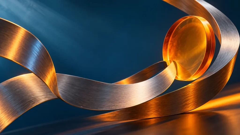 Brushed metal arcs and an amber disc on a petroleum-blue background.