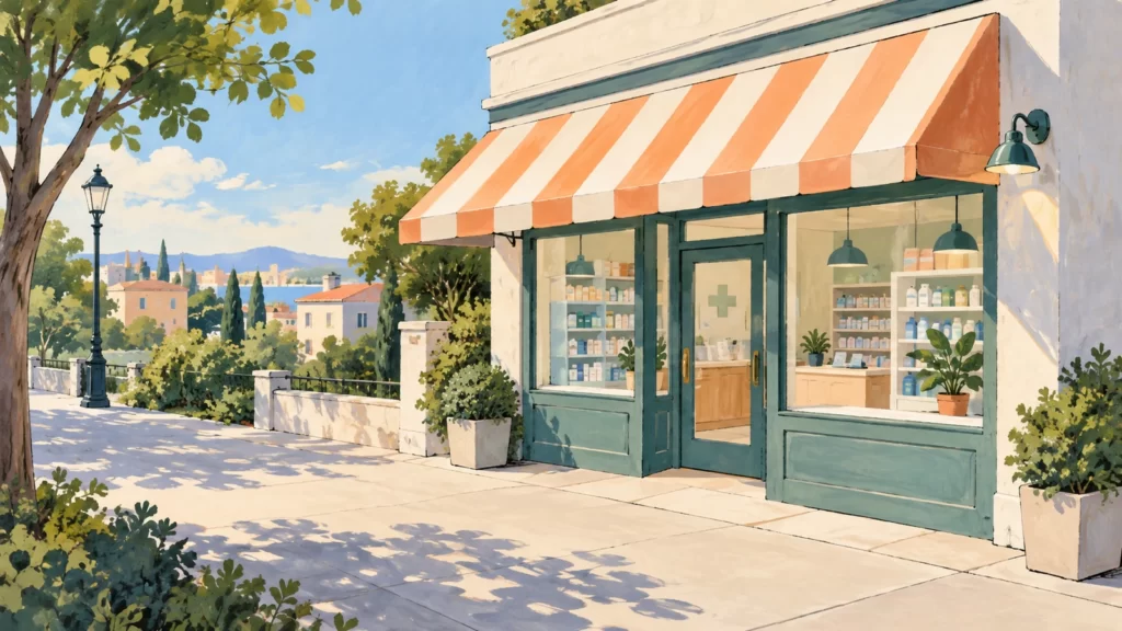 Apricot, jade and blue gouache illustration of a fictional anonymous pharmacy exterior.