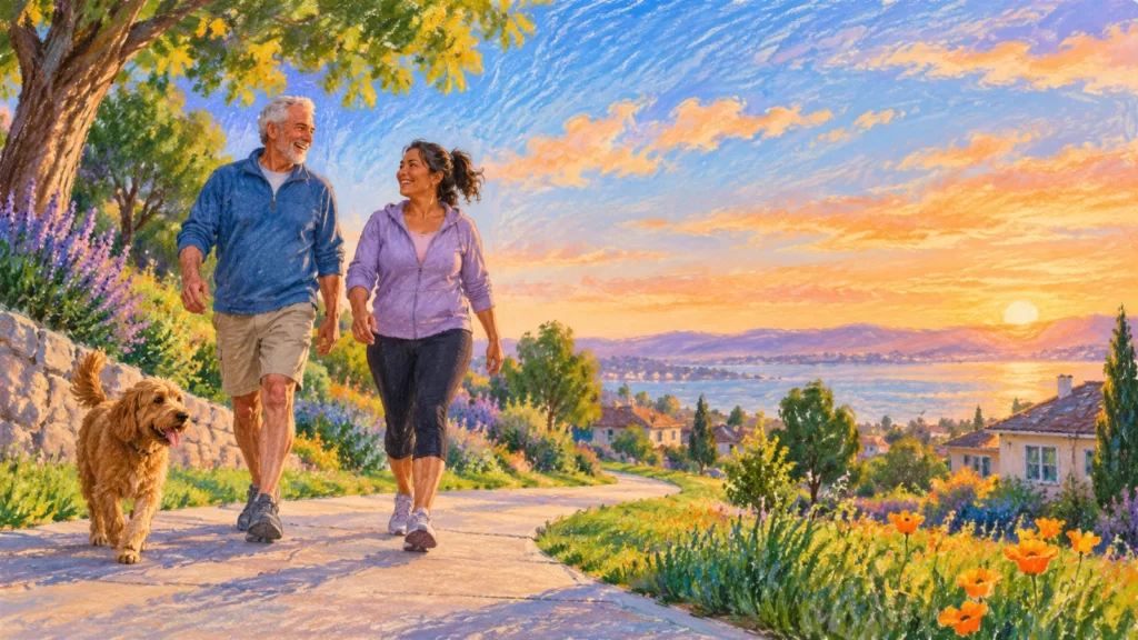 Tangerine, blue, lavender and green pastel illustration of two fictional adults walking with a dog.