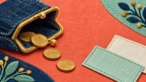 Coral, mint and navy embroidered purse, coins and blank payment slips.
