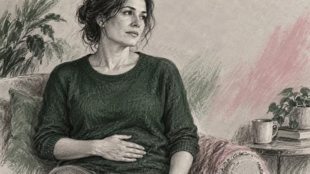 Forest-green and pale-magenta graphite portrait of a fictional adult with a hand over the abdomen.