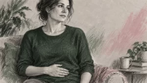 Forest-green and pale-magenta graphite portrait of a fictional adult with a hand over the abdomen.