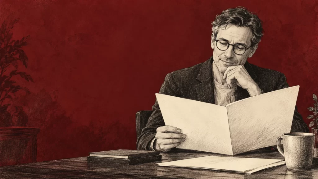Oxblood and ivory ink-and-wash illustration of a fictional adult reading a blank folder.