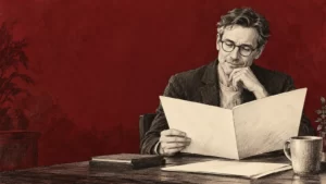 Oxblood and ivory ink-and-wash illustration of a fictional adult reading a blank folder.