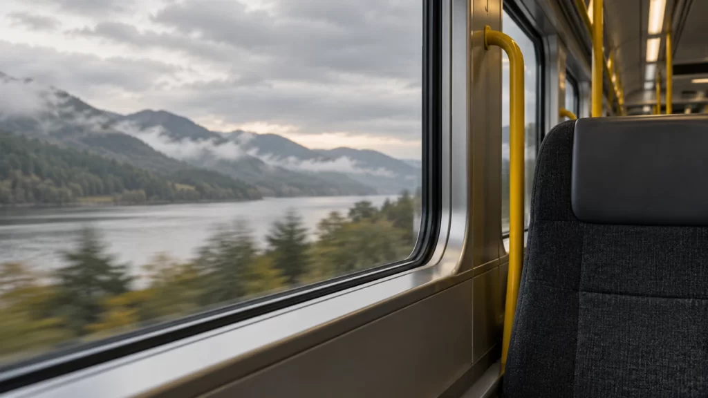 Mustard, silver and charcoal cinematic illustration of an empty train carriage.