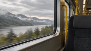 Mustard, silver and charcoal cinematic illustration of an empty train carriage.