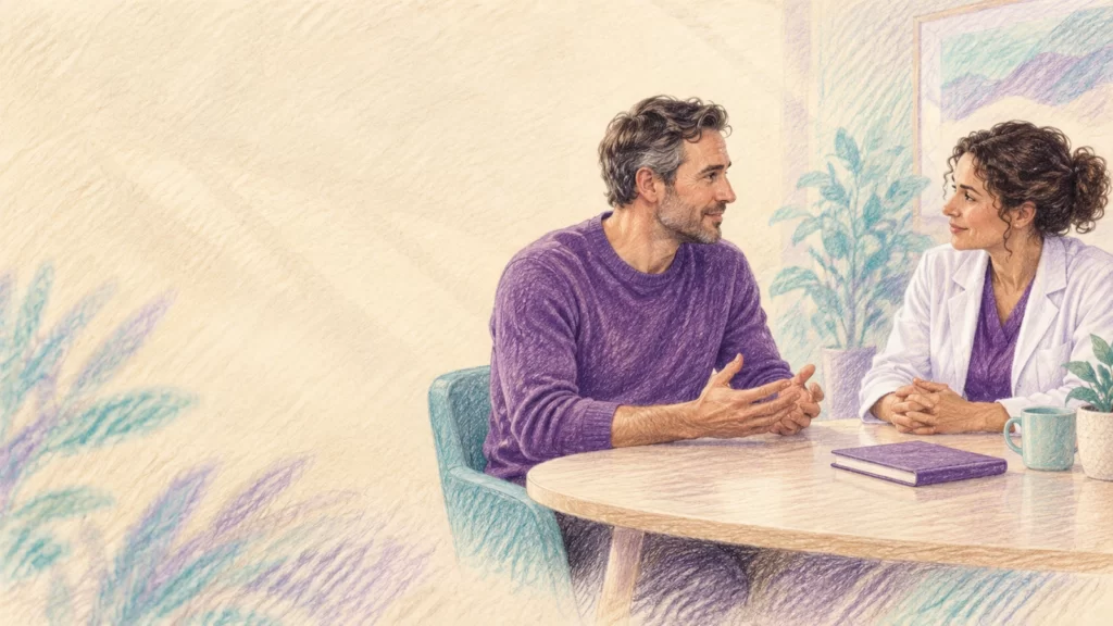 Violet and aqua pencil illustration of a fictional adult speaking with a clinician.