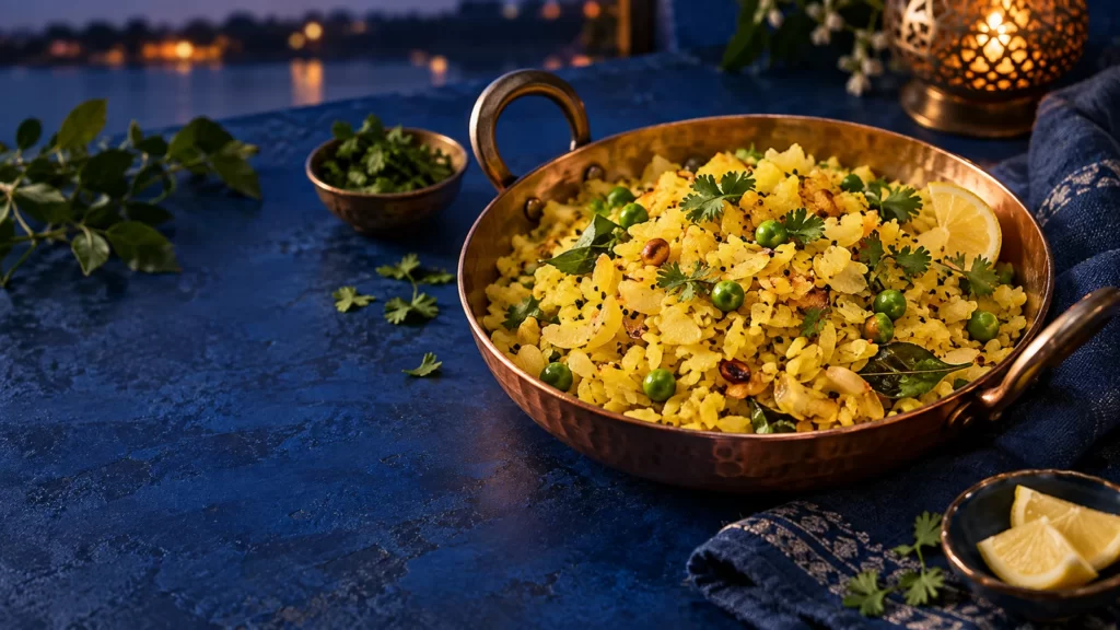Flattened-rice dish with peas, herbs and nuts on a cobalt-blue evening table.