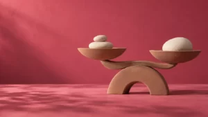 Matte clay balance sculpture with cream pebbles against a raspberry background.