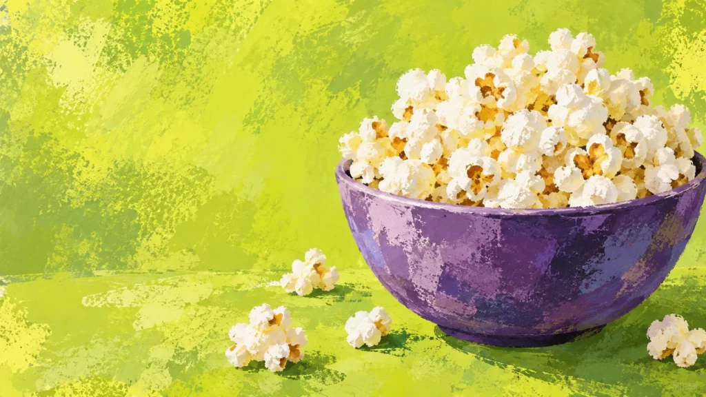 Sponge-painted white popcorn in a violet bowl against a bright citron background.