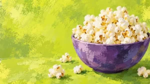 Sponge-painted white popcorn in a violet bowl against a bright citron background.