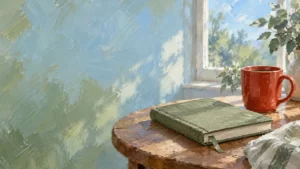 Textured oil painting of a closed sage journal and paprika-red mug in morning light.