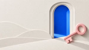 Electric-blue paper doorway and blush paper key on an offwhite textured background.