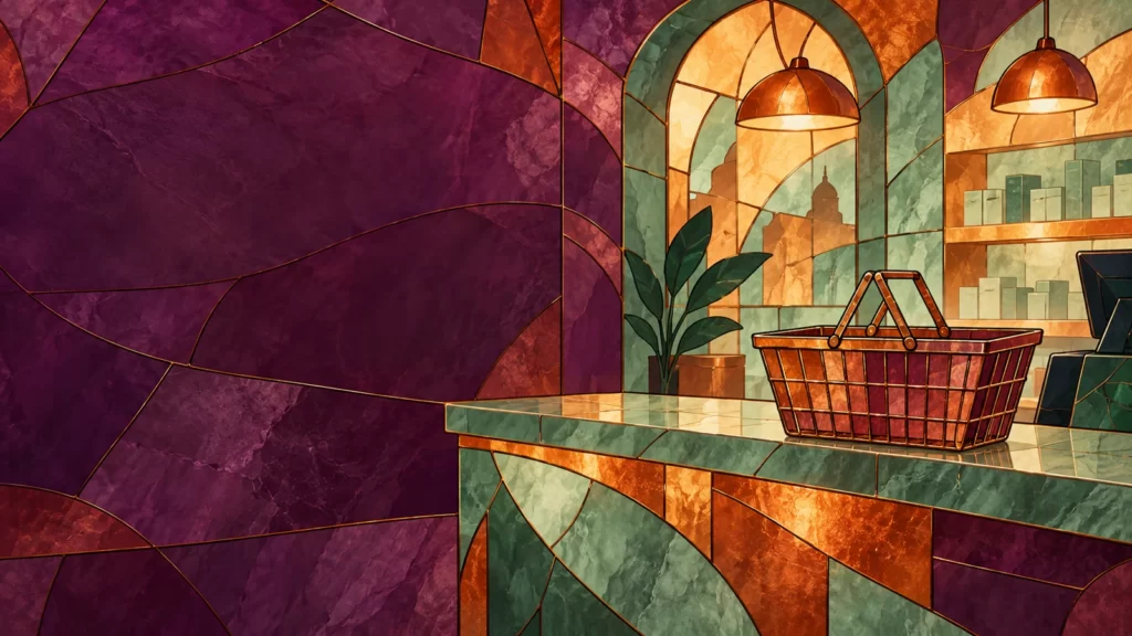 Plum, copper and jade stained-glass illustration of a generic counter and shopping basket.