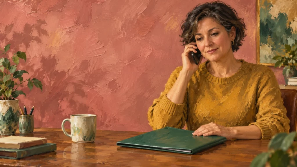Ochre and rose acrylic painting of a fictional adult using a phone beside a jade folder.