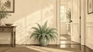 Sepia etched illustration of a quiet hallway, fern, and unmarked bathroom doorway.