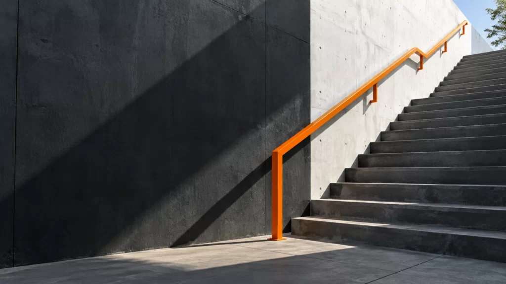 Charcoal concrete staircase with an orange handrail and a bright white wall.