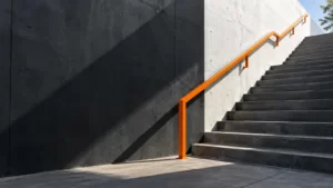 Charcoal concrete staircase with an orange handrail and a bright white wall.