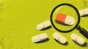 Chartreuse and coral screenprint illustration of a magnifying glass over generic capsule shapes.