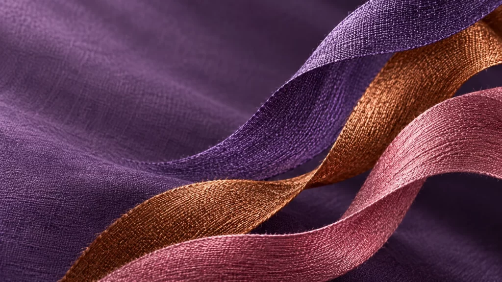 Violet, copper, and rose woven ribbons crossing over a purple fabric surface.