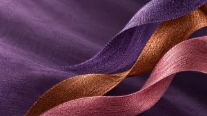 Violet, copper, and rose woven ribbons crossing over a purple fabric surface.