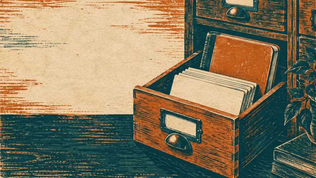 Burnt-orange and petrol-teal woodcut artwork of an archive drawer and blank index cards.