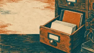 Burnt-orange and petrol-teal woodcut artwork of an archive drawer and blank index cards.
