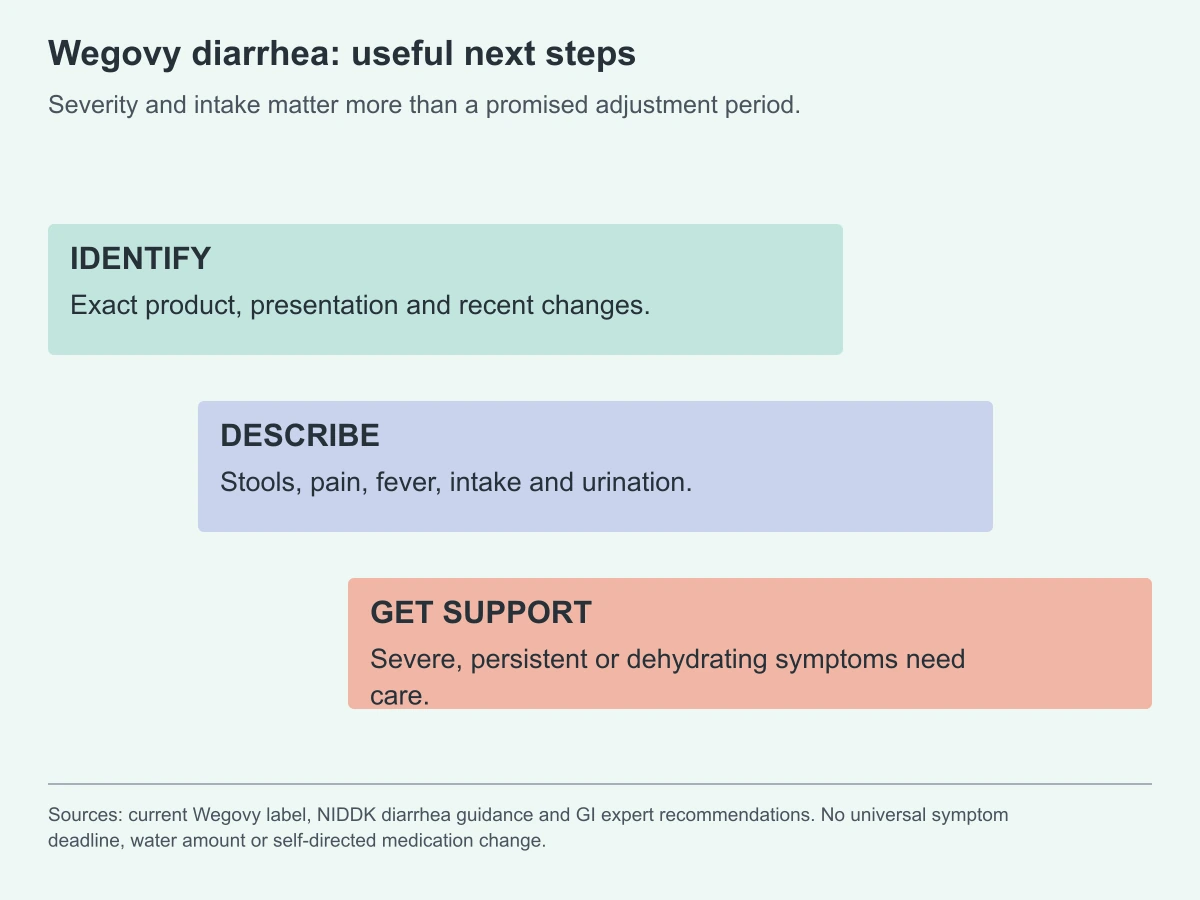Wegovy diarrhea: useful next steps. Severity and intake matter more than a promised adjustment period.