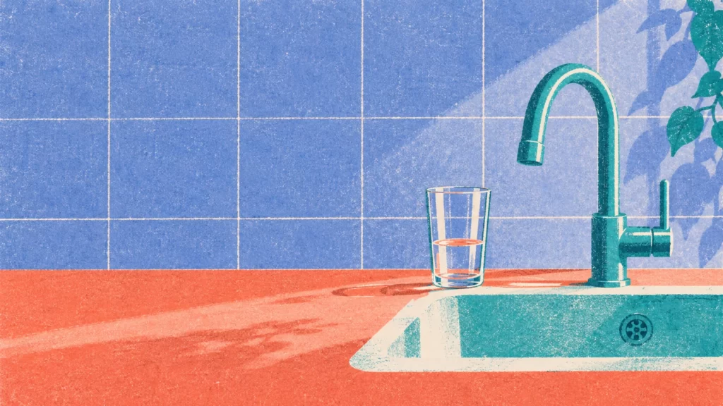 Turquoise sink and glass on a coral counter against a periwinkle tiled wall.
