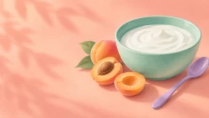 Peach and mint airbrush artwork of plain yogurt, a lavender spoon, and apricots.