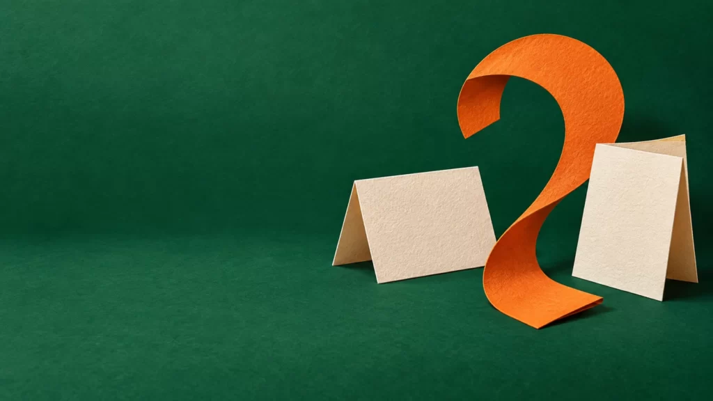 Emerald and orange paper collage of blank cards and a curved paper shape.