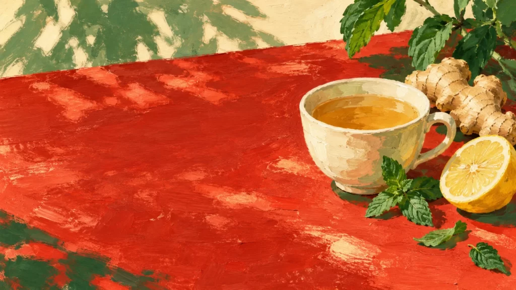 Vermilion gouache illustration of tea, ginger, lemon and mint on a table.